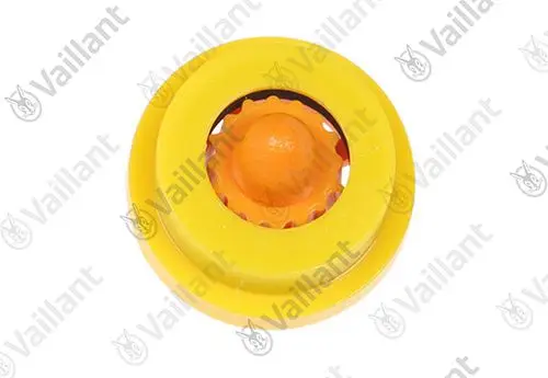 Vaillant Wassermengenbegrenzer mit gelbem Gehäuse und orangefarbener Innentechnik, zur Regulierung des Wasserflusses.